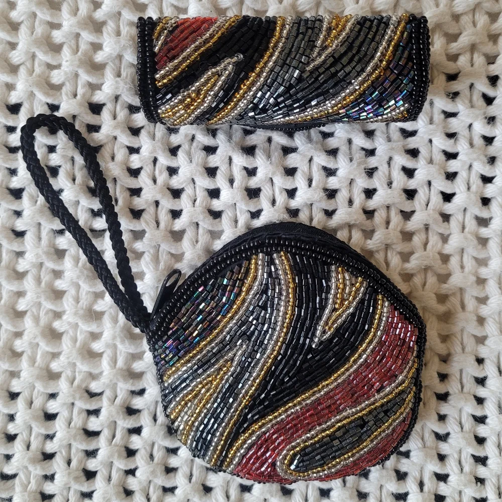 Vintage 80s Small Beaded Coin Purse/Pouch & Lipstick Case, Multicolor
